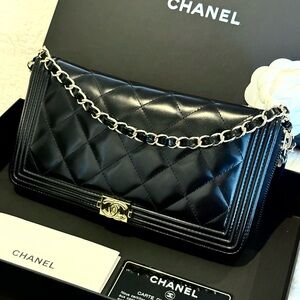 Chanel Boy Quilted Wallet on Chain Crossbody Black.